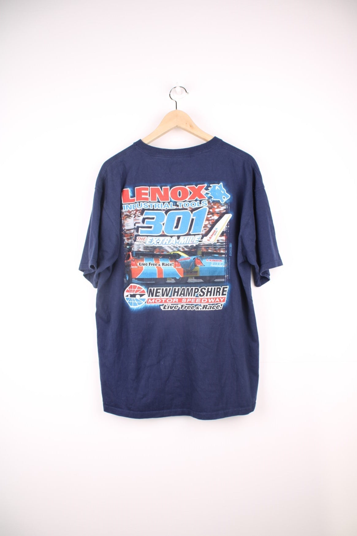 Lenox Industrial Tools 301, New Hampshire Motor Speedway, NASCAR T-Shirt with graphic print on the front and back.