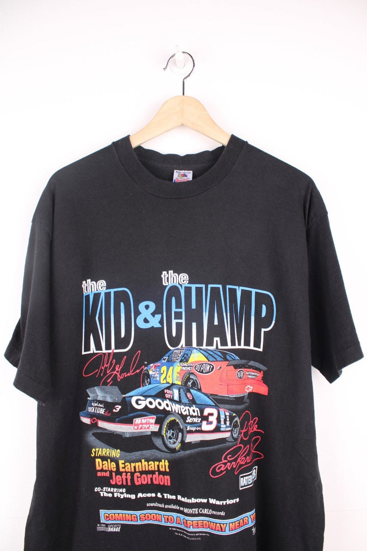 Vintage 1995 Dale Earnhardt and Jeff Gordon, The Kid and The Champ single stitch T-Shirt. Features large graphic print on the front and back.