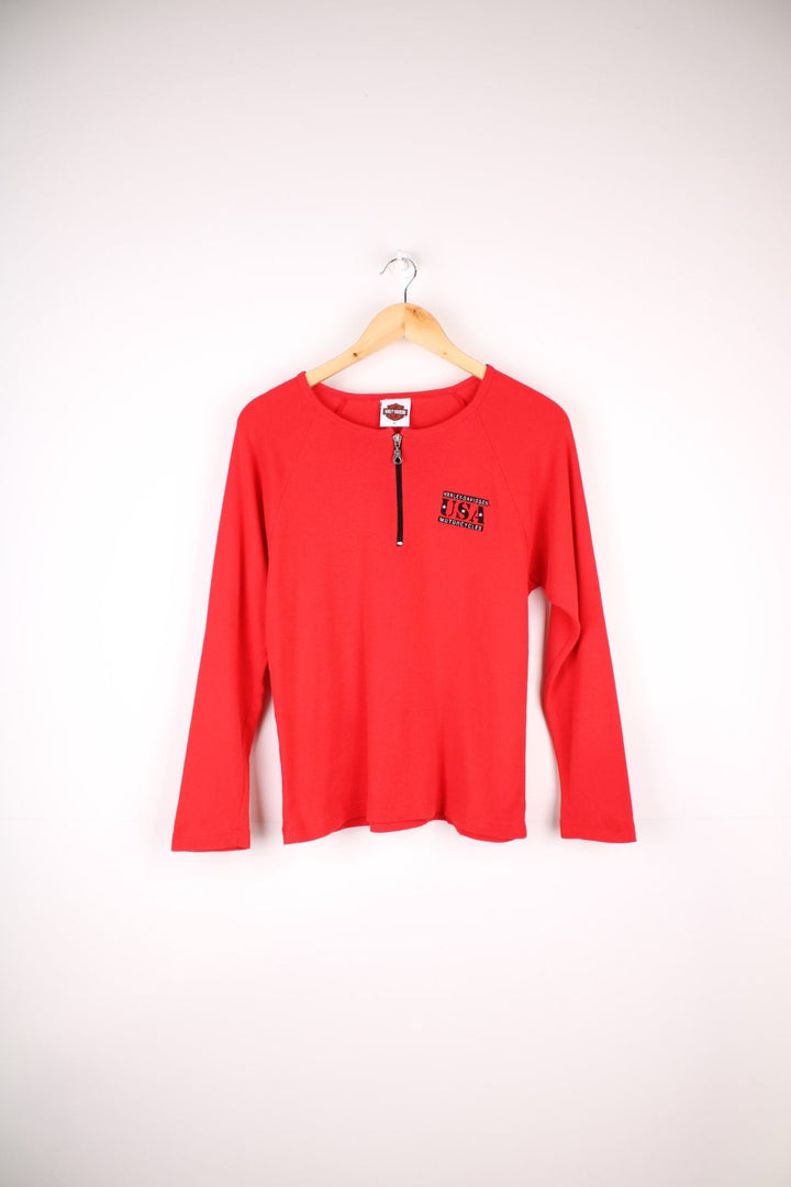 Harley-Davidson Y2K Longsleeve Zip Up Shirt in a red colourway with the spell out logo embroidered on the front and back.