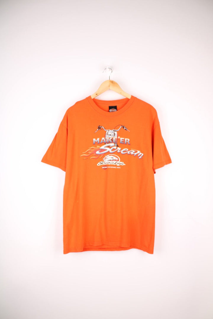 Harley-Davidson Screamin Eagle T-Shirt in a orange colourway with the spell out logo printed on the front and on the back a big graphic print.