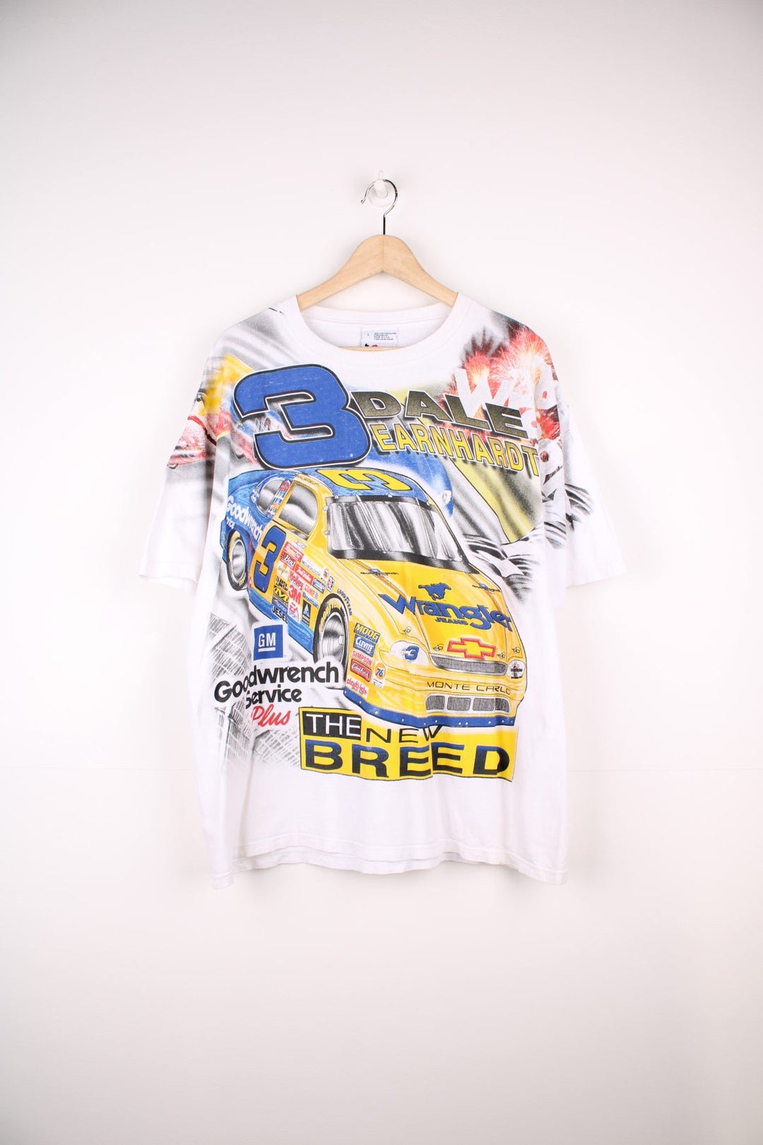 Vintage Dale Earnhardt The New Breed NASCAR T-Shirt with all over graphic print.