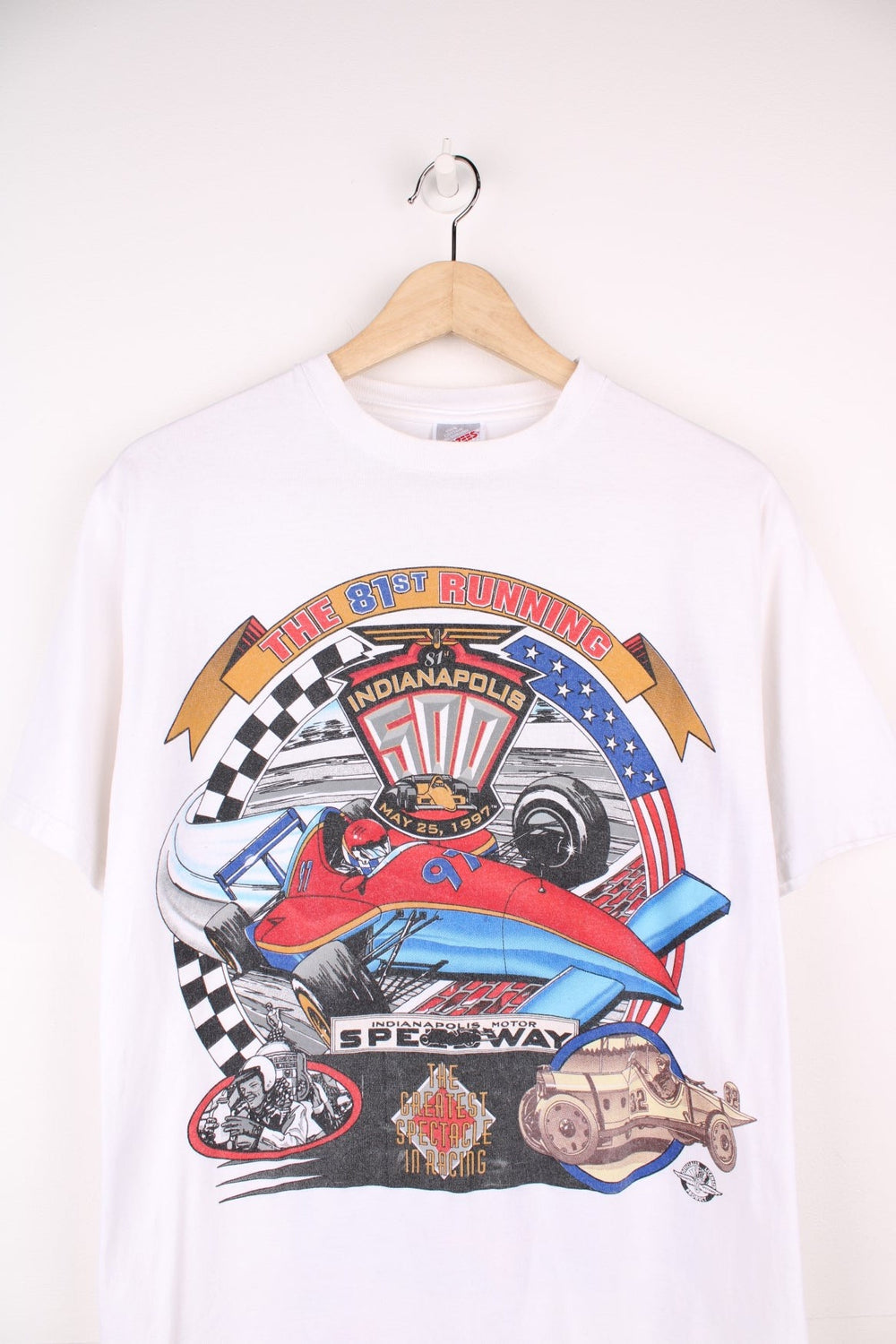 Vintage 1997, The 81st Running, Indianapolis Motor Speedway T-Shirt with large graphic print on the front and back.