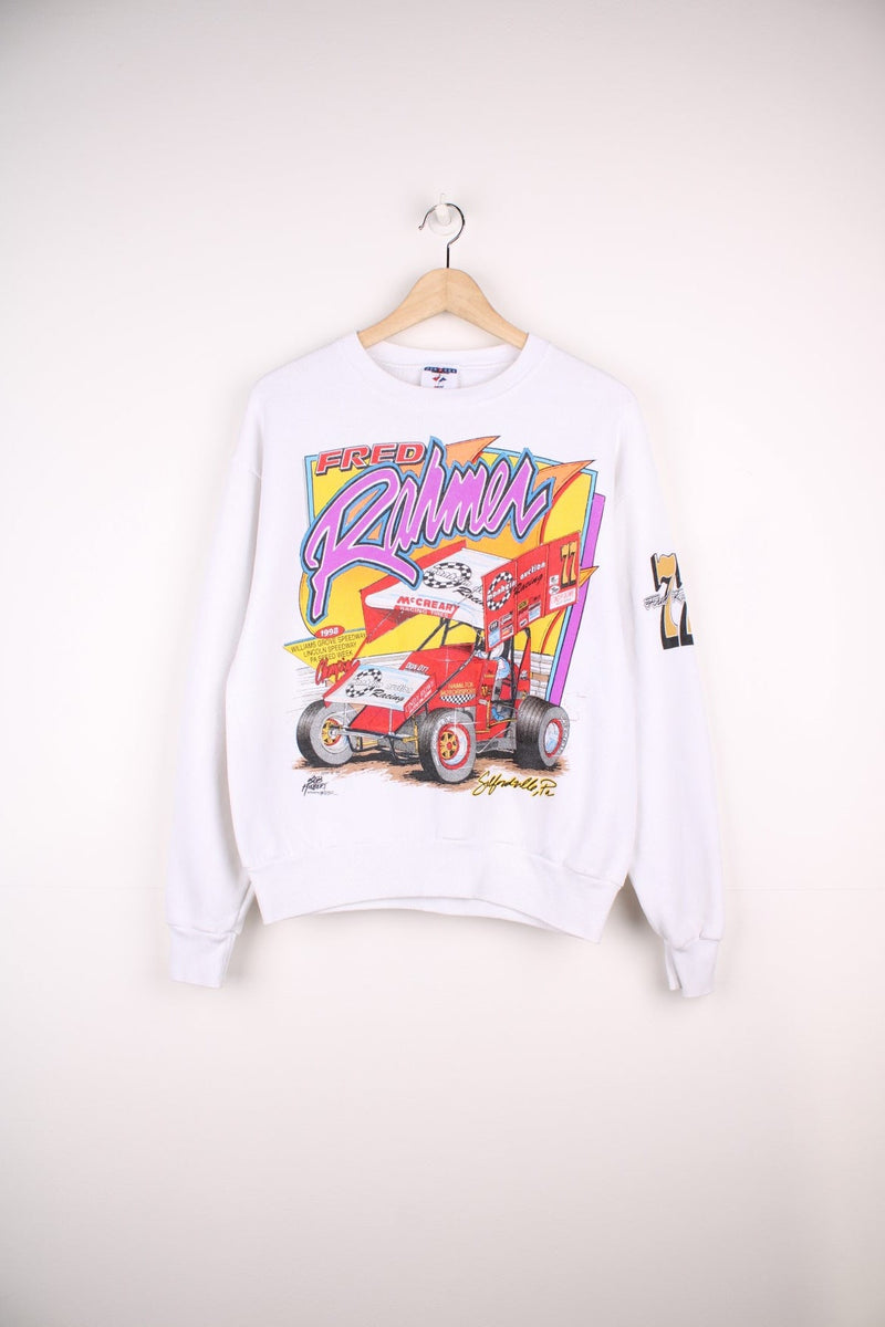 Vintage Fred Rahmer, Hamilton Motorsports sweatshirt with graphic print on the front and back. 