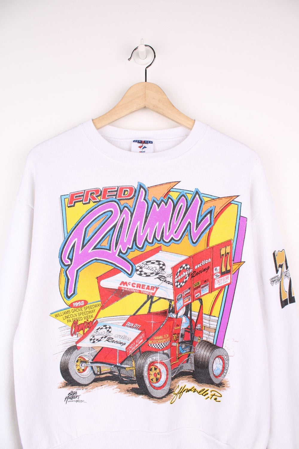 Vintage Fred Rahmer, Hamilton Motorsports sweatshirt with graphic print on the front and back. 