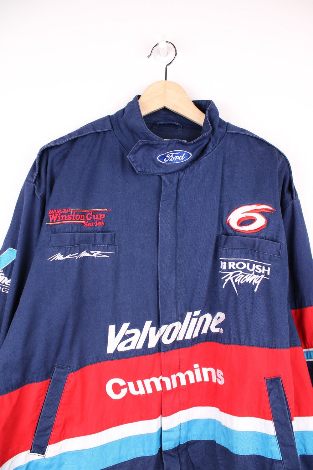 Vintage Mark Martin NASCAR Winston Cup Series, Valvoline Racing jacket in blue, red and white. 