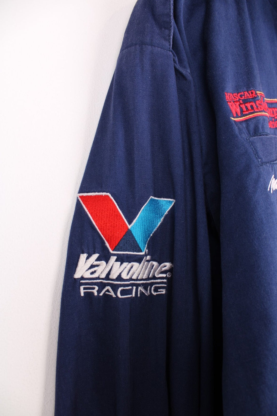 Vintage Mark Martin NASCAR Winston Cup Series, Valvoline Racing jacket in blue, red and white. 