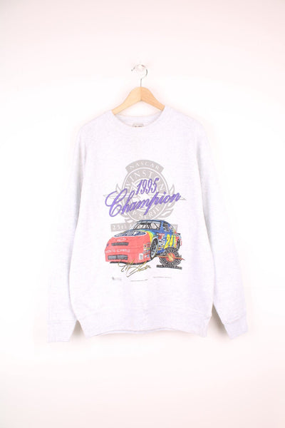 1995 Nascar Winston Cup Championship Sweatshirt in a grey colourway, has the championship spell out and car printed on the front, as well as all the tour dates on the back.