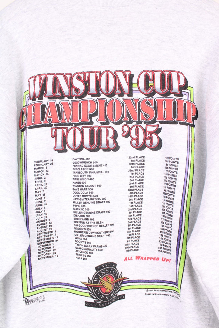 1998 Nascar Winston Cup Championship Sweatshirt in a grey colourway, has the championship spell out and car printed on the front, as well as all the tour dates on the back.