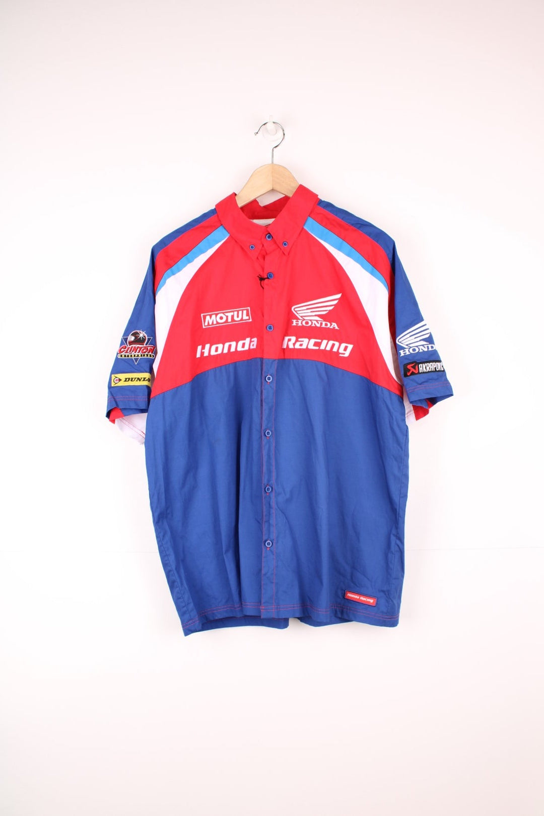 Honda Racing Shirt in a red, blue and white colourway, new with tags still on, button up shirt with the brand logos embroidered all over. 