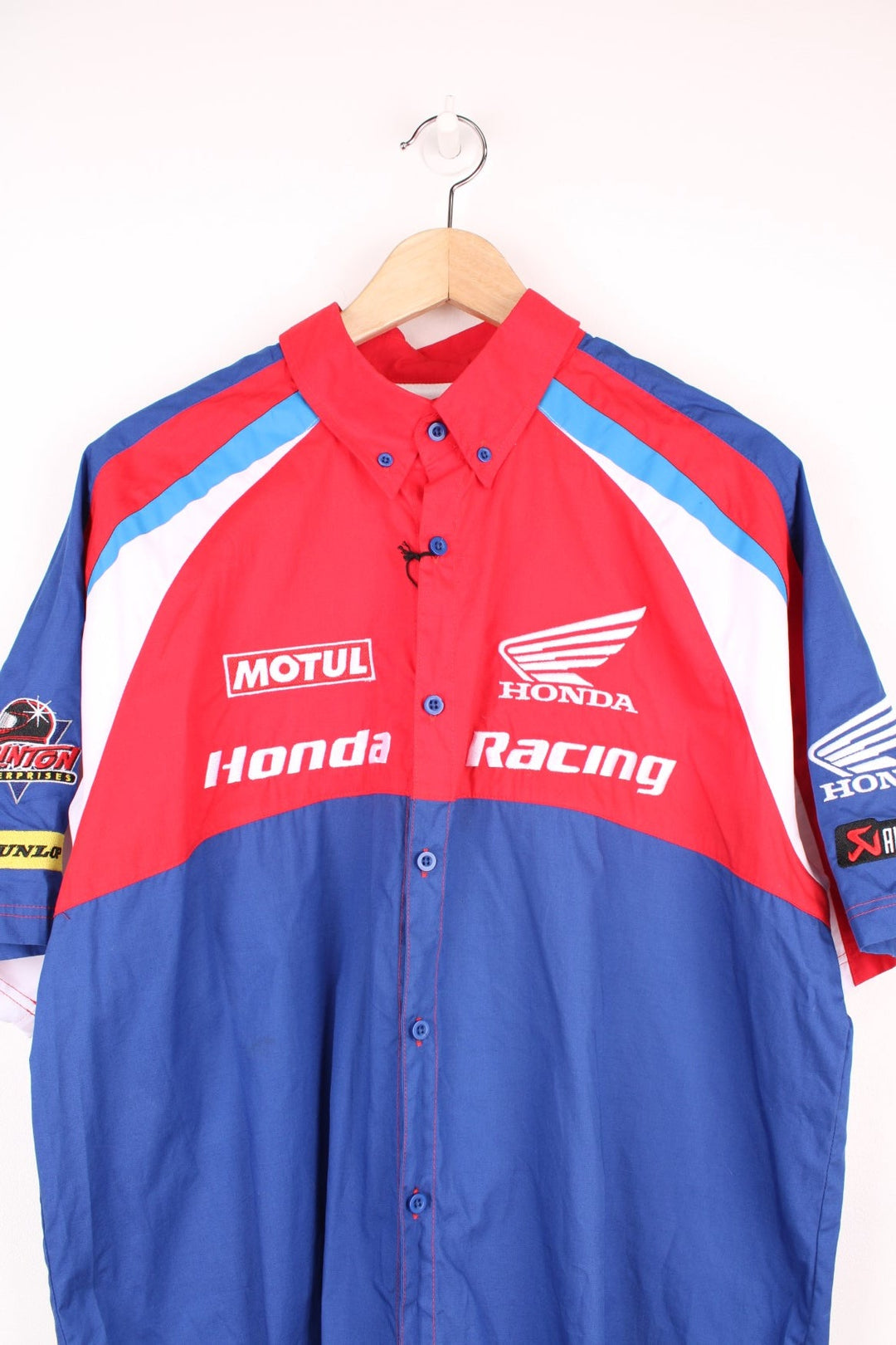 Honda Racing Shirt in a red, blue and white colourway, new with tags still on, button up shirt with the brand logos embroidered all over. 