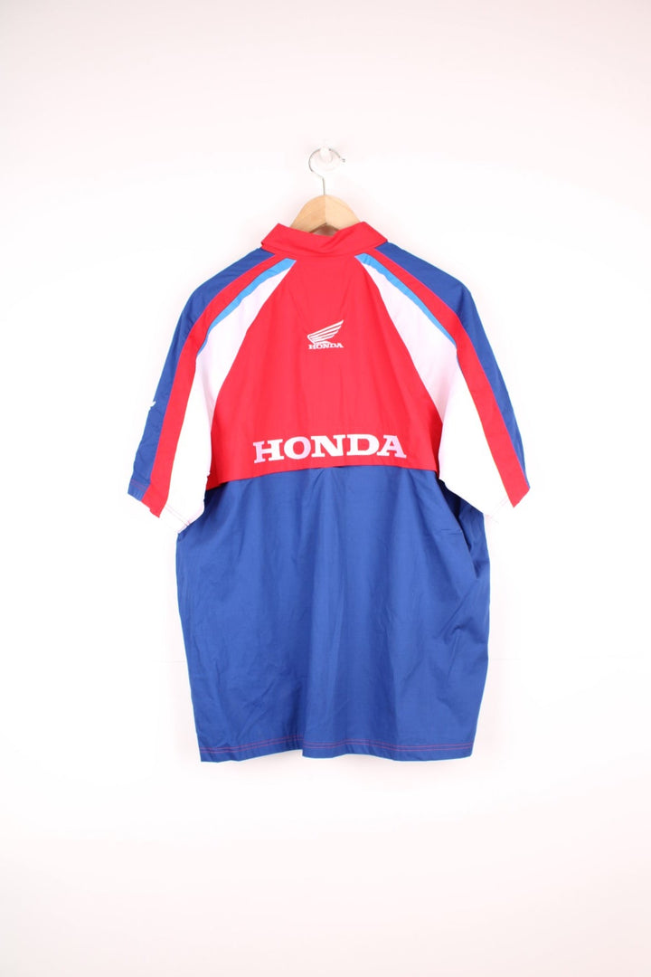 Honda Racing Shirt in a red, blue and white colourway, new with tags still on, button up shirt with the brand logos embroidered all over. 