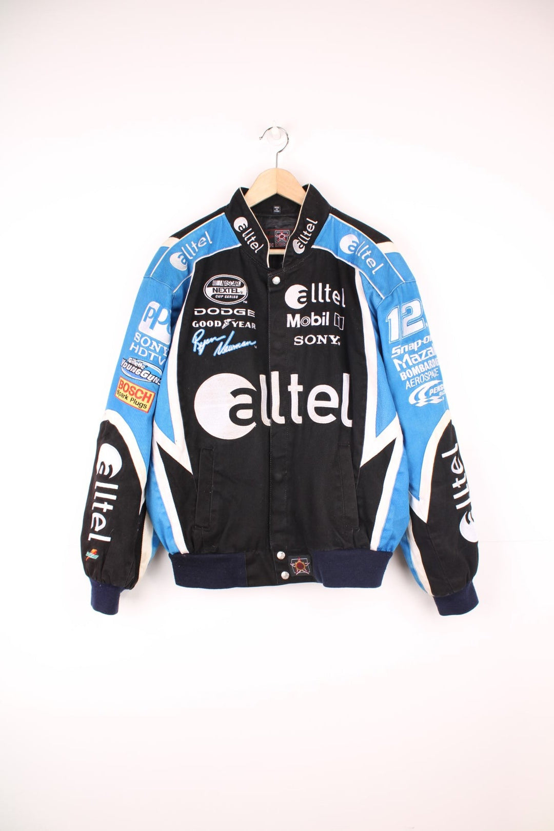 Nascar x Alltel black and blue zip through cotton jacket with all over embroidered badges and sponsers by JH Designs