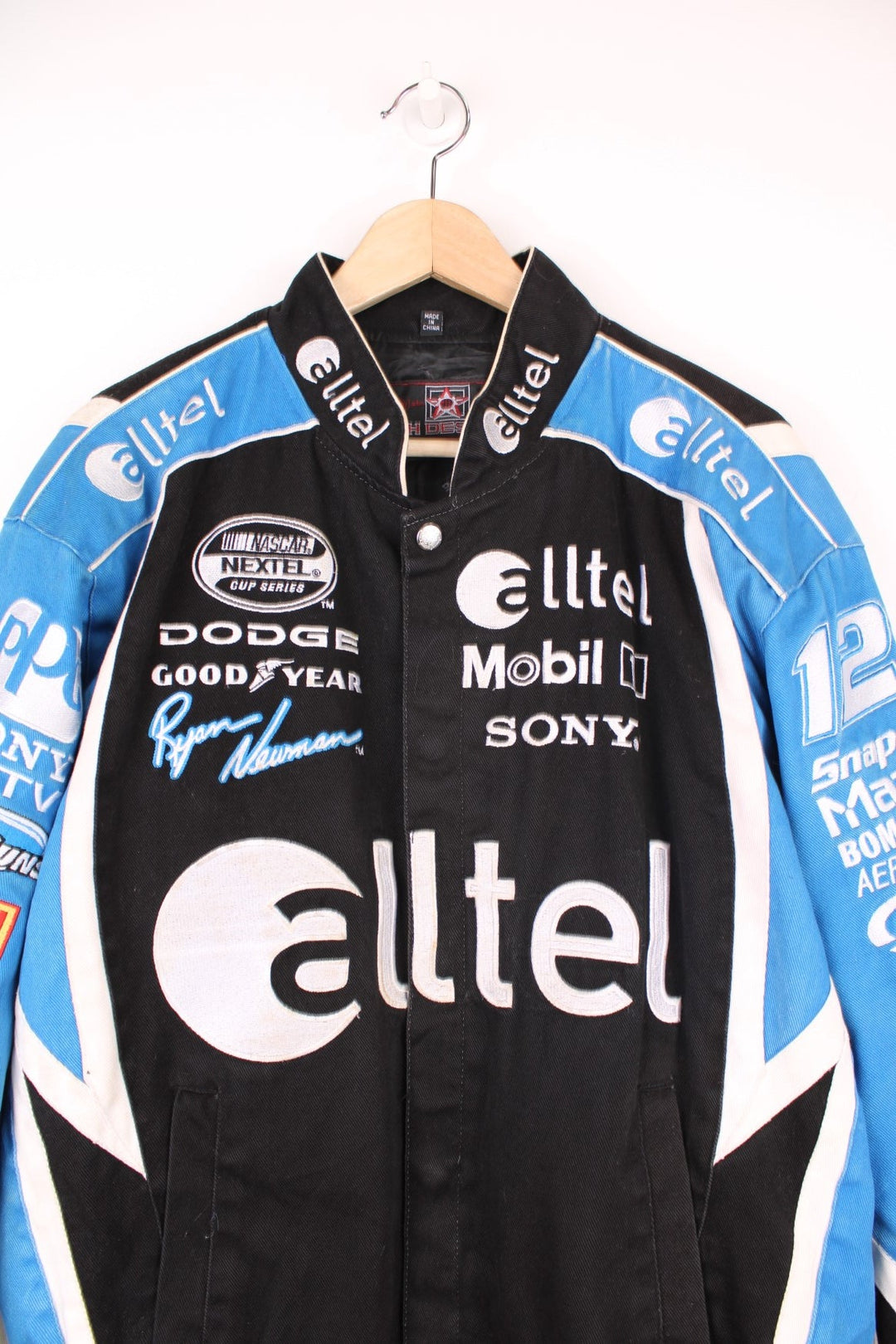 Nascar x Alltel black and blue zip through cotton jacket with all over embroidered badges and sponsers by JH Designs