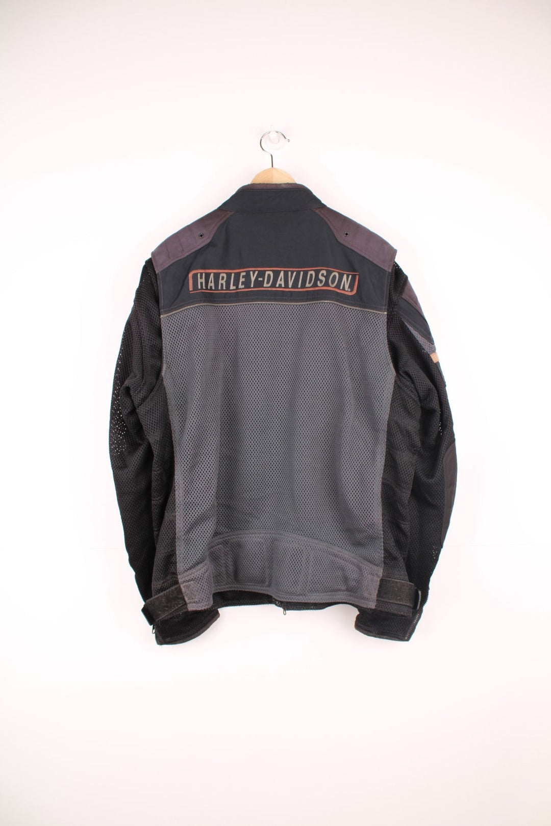 Harley Davidson zip through motorcycle jacket in grey and black, features multiple pockets, and embroidered badges