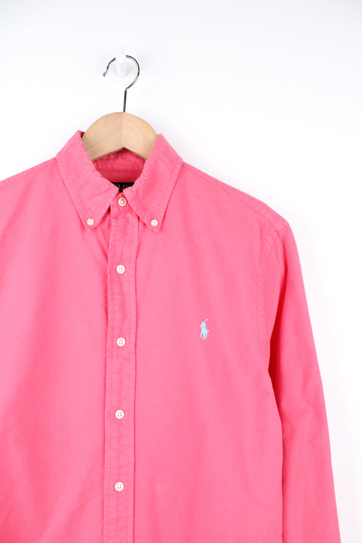 Ralph Lauren salmon pink / coral button up, slim fit cotton shirt with signature embroidered logo on the chest