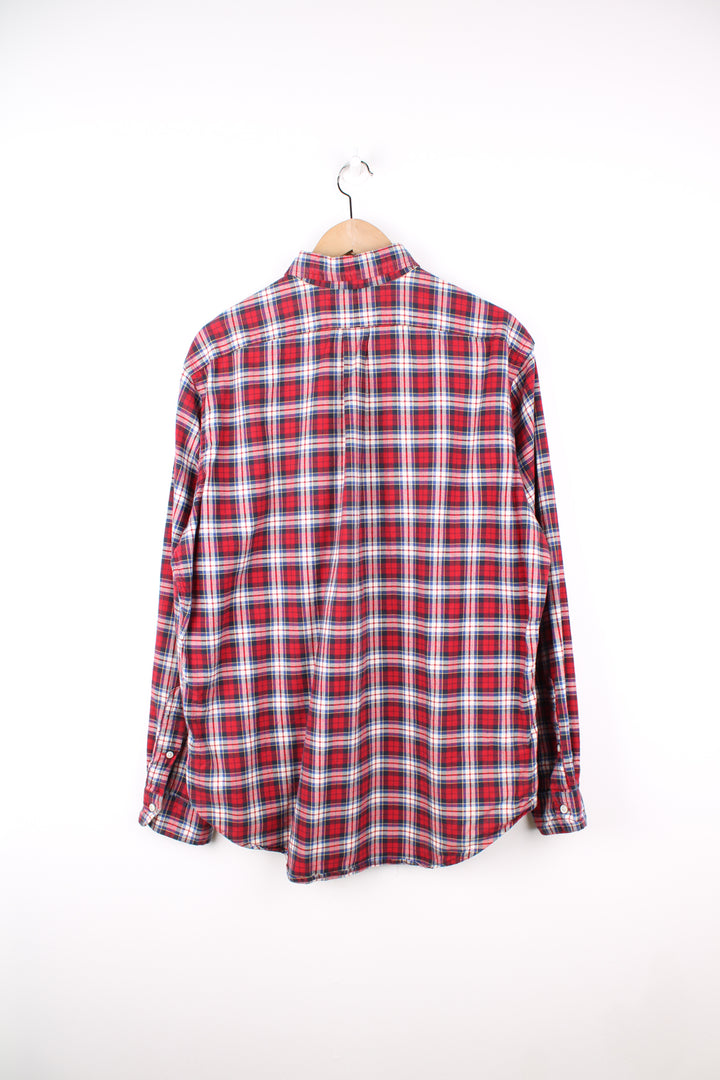 Ralph Lauren red plaid button up cotton shirt features signature embroidered logo on the chest