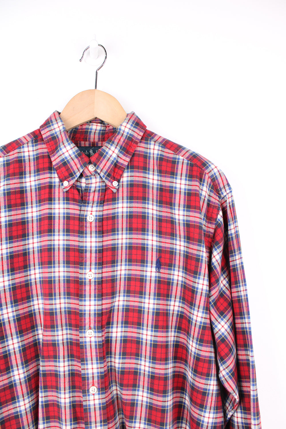 Ralph Lauren red plaid button up cotton shirt features signature embroidered logo on the chest