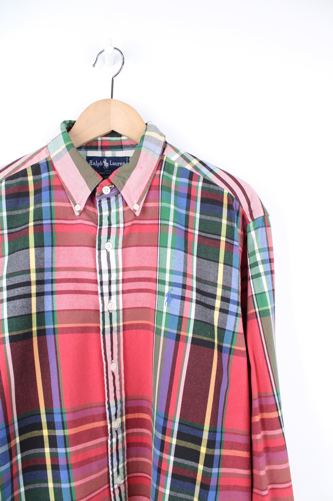 Ralph Lauren red large plaid button up cotton shirt features signature embroidered logo on the chest