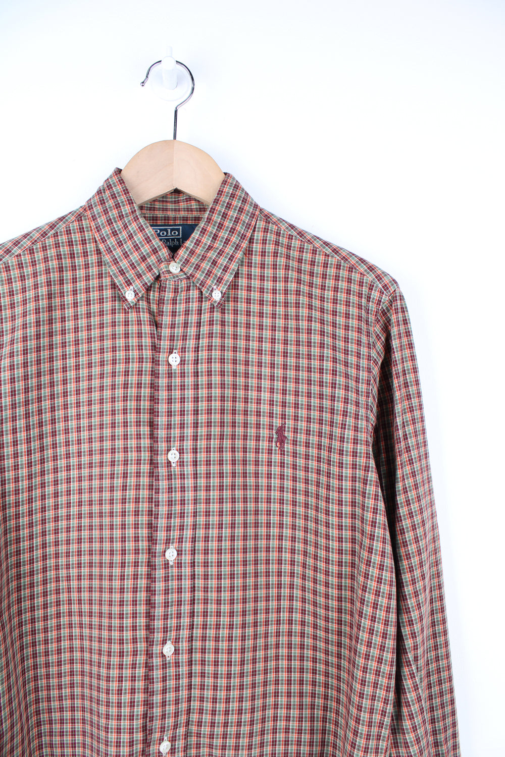 Ralph Lauren burnt orange and green plaid button up shirt with signature embroidered logo on the chest