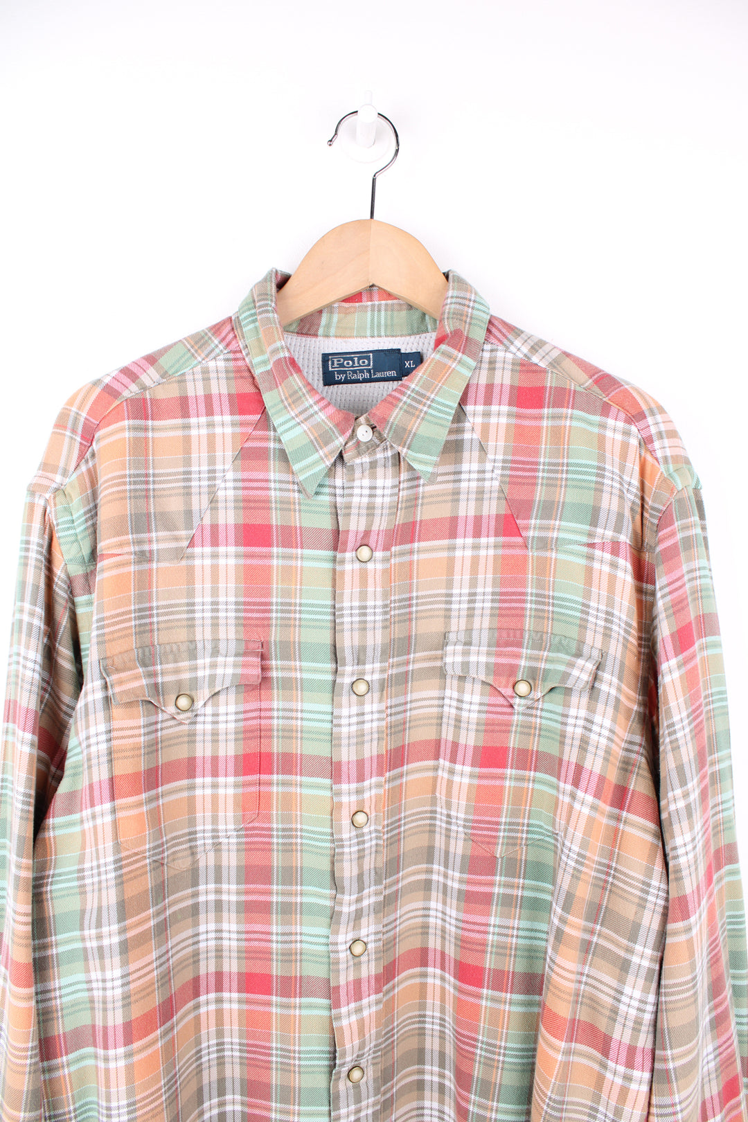 Ralph Lauren green and orange lined button up shirt, features western style yoke and pearl effect popper buttons