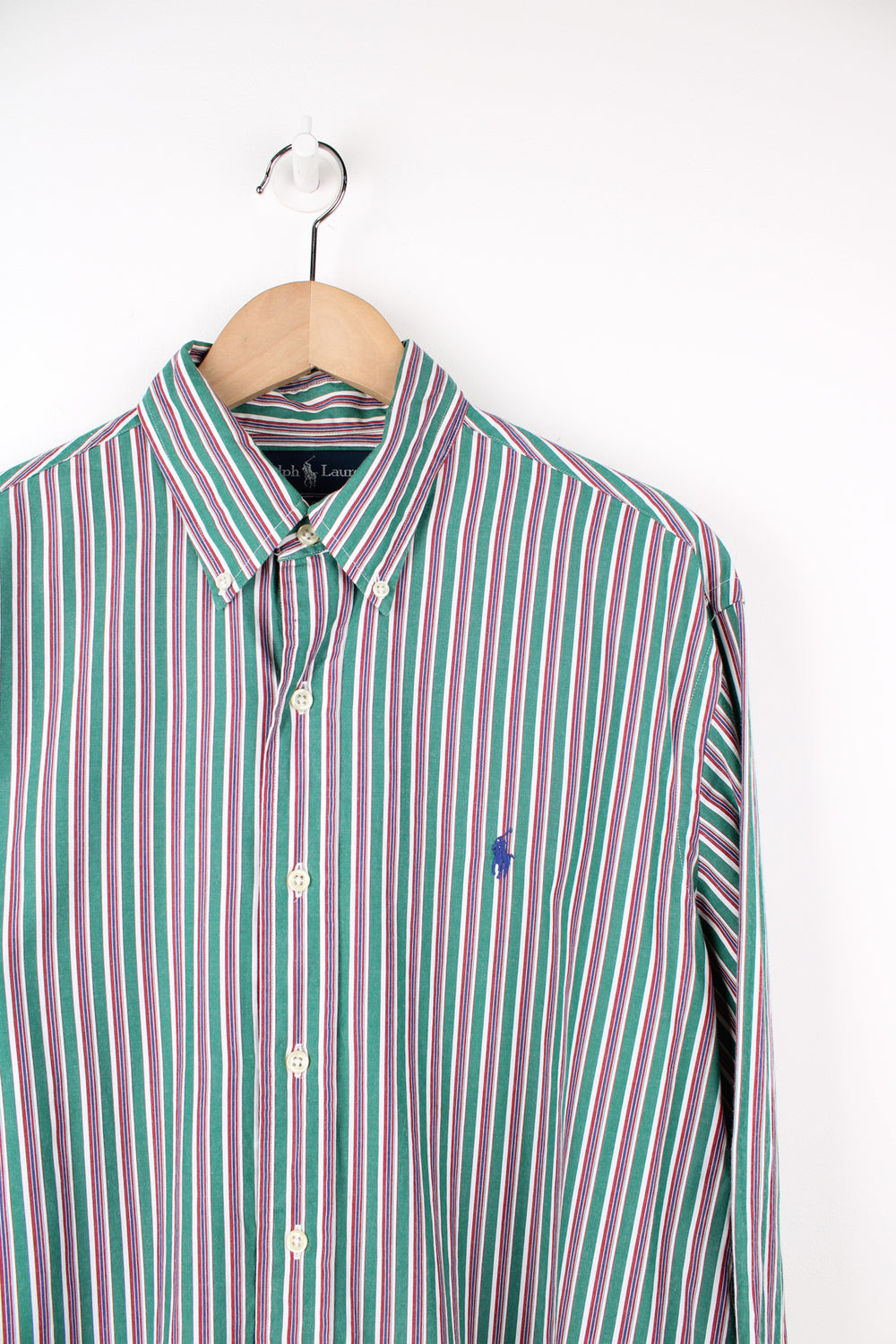 Ralph Lauren green and red striped button up shirt with signature embroidered logo on the chest