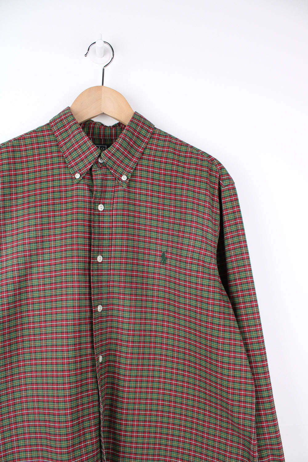 Ralph Lauren green and red small plaid button up shirt with signature embroidered logo on the chest