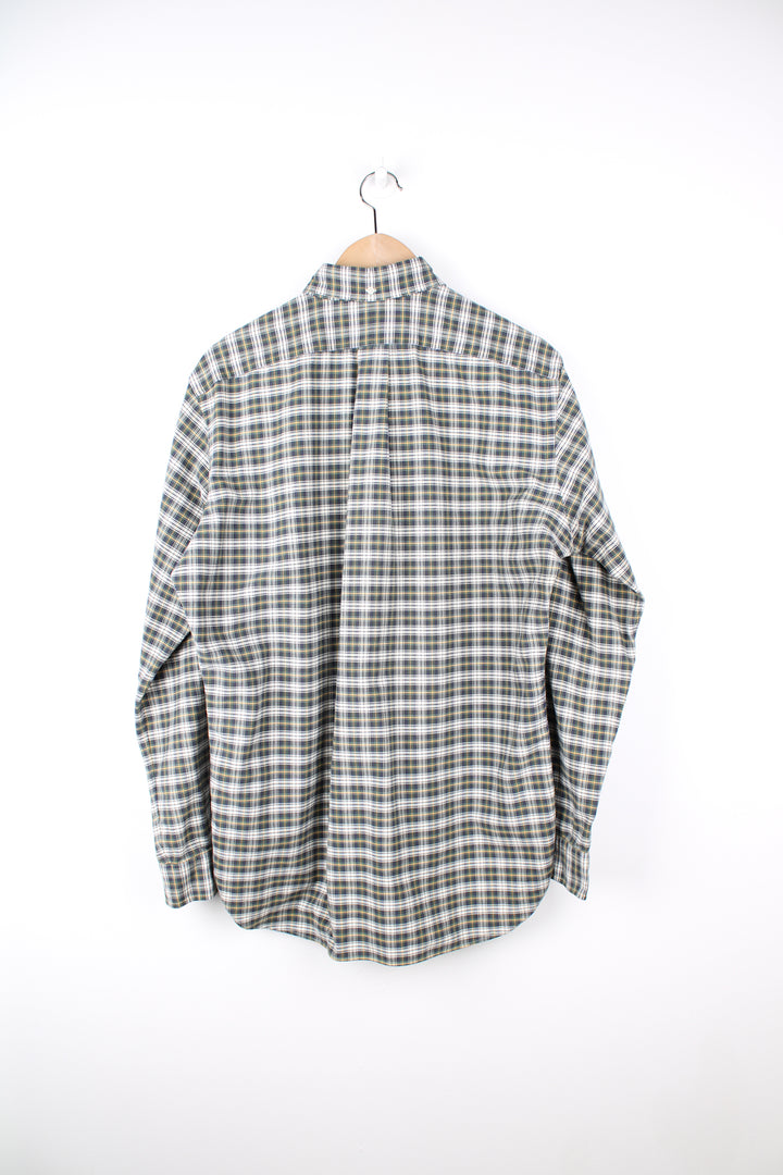 Ralph Lauren green, white and blue plaid button up shirt with embroidered logo on the chest