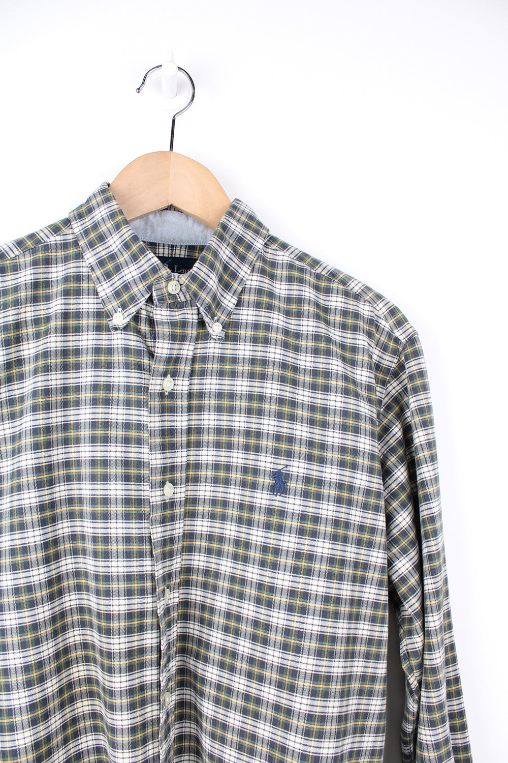 Ralph Lauren green, white and blue plaid button up shirt with embroidered logo on the chest