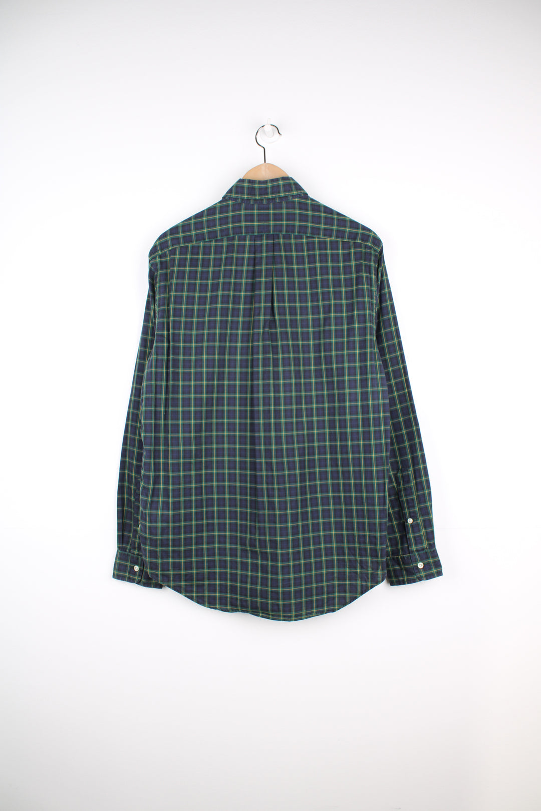 Ralph Lauren navy blue and green button up plaid shirt with signature embroidered logo on the chest