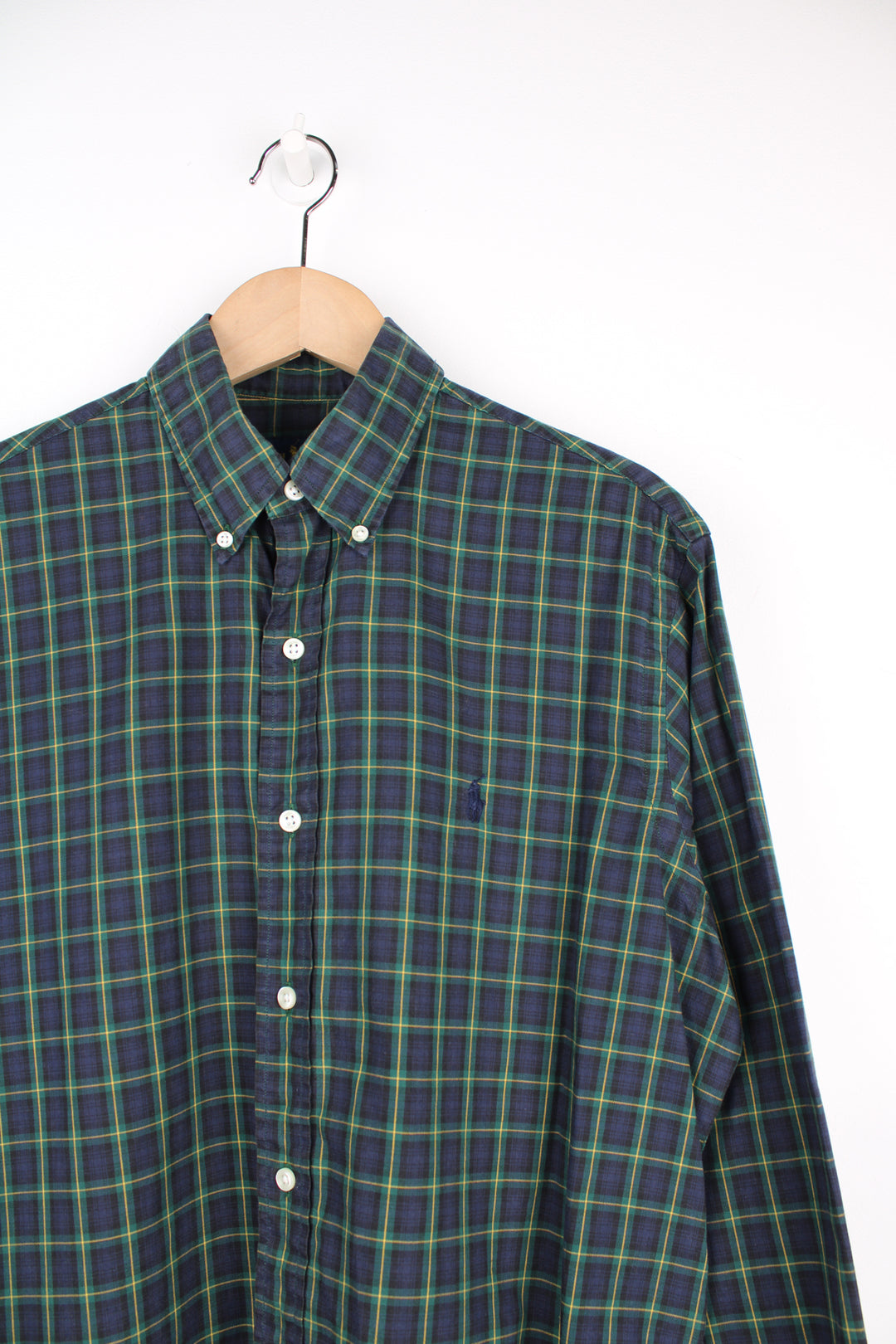 Ralph Lauren navy blue and green button up plaid shirt with signature embroidered logo on the chest