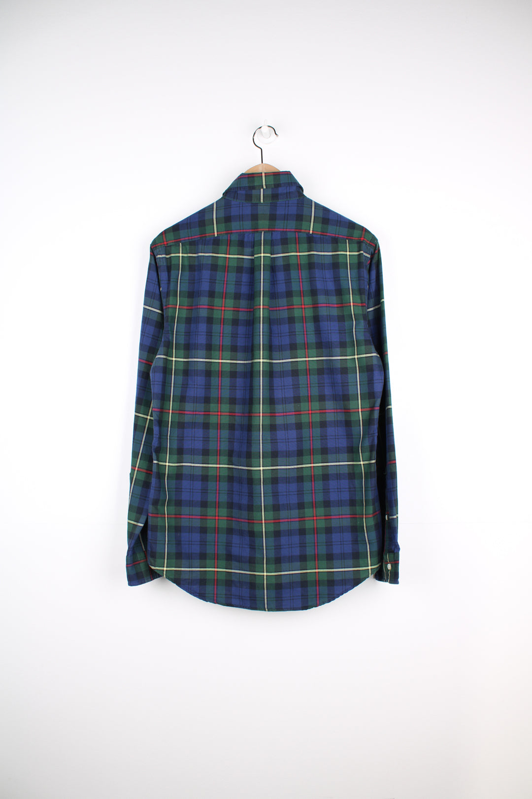 Ralph Lauren blue and green, slim fit button up plaid shirt with signature embroidered logo on the chest