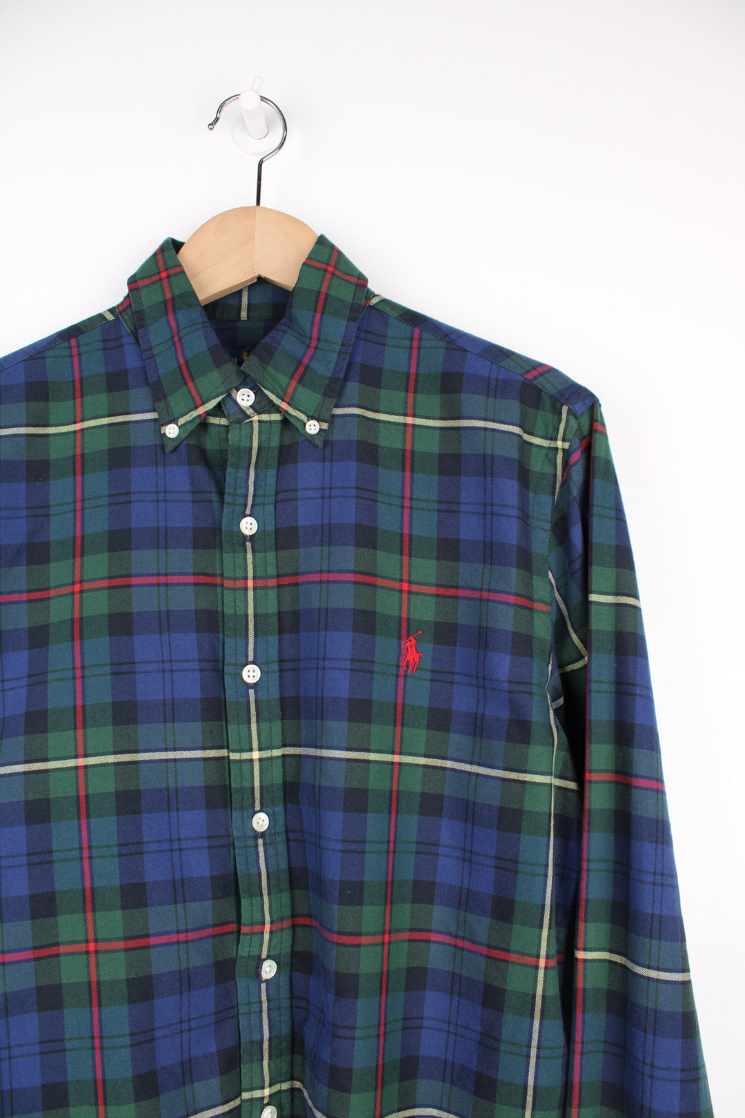 Ralph Lauren blue and green, slim fit button up plaid shirt with signature embroidered logo on the chest