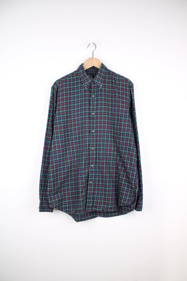 Ralph Lauren blue, red and green, button up plaid shirt with signature embroidered logo on the chest