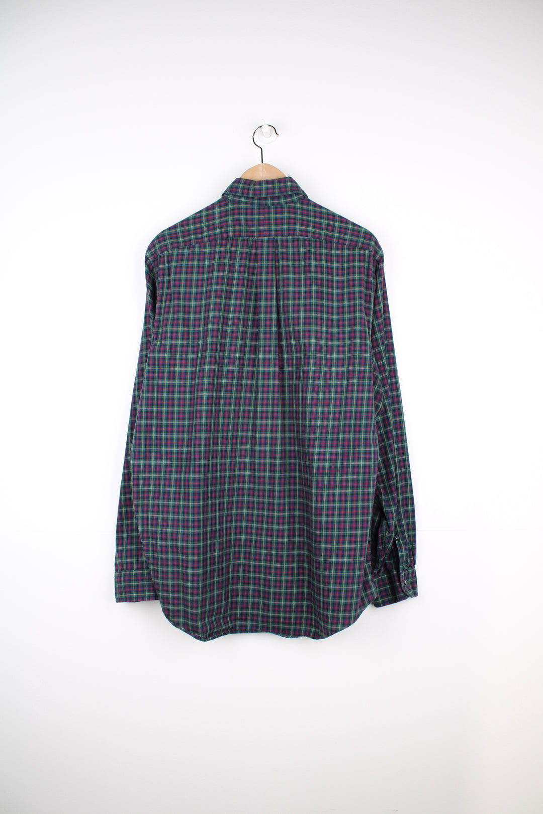 Ralph Lauren blue, red and green, button up plaid shirt with signature embroidered logo on the chest