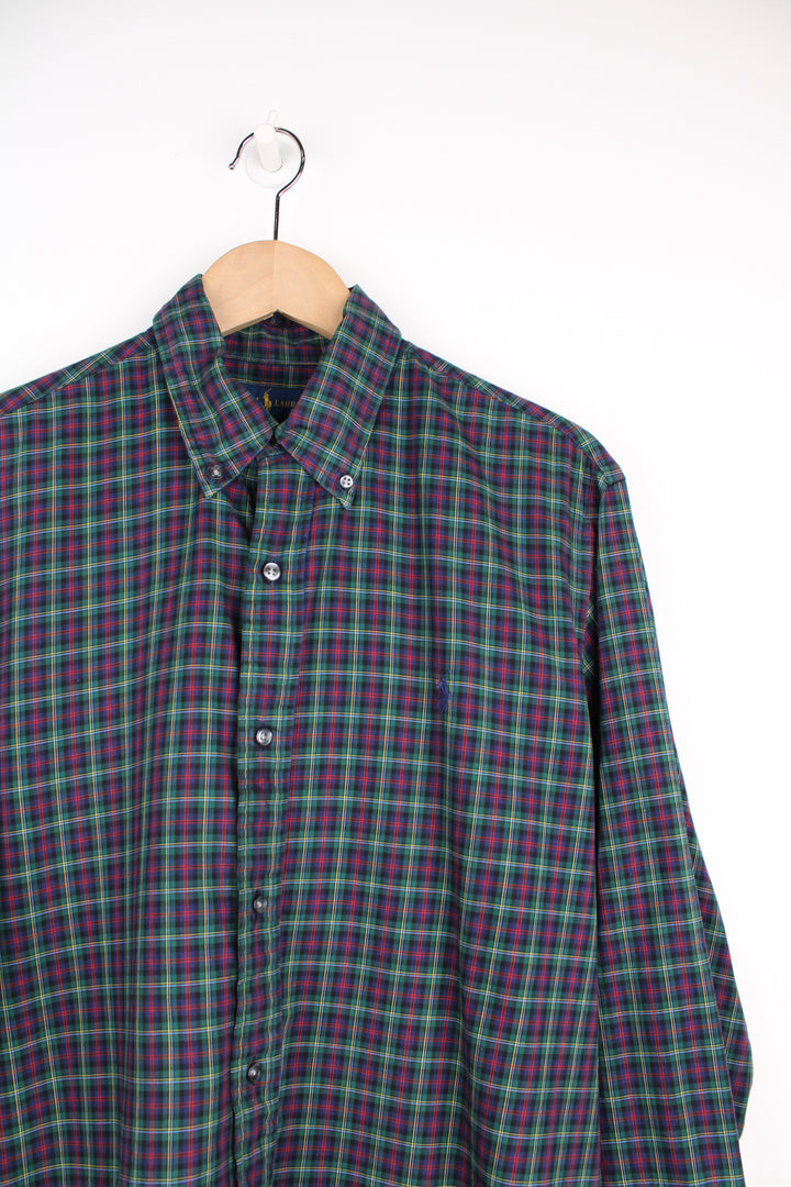 Ralph Lauren blue, red and green, button up plaid shirt with signature embroidered logo on the chest