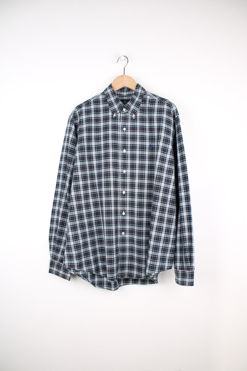 Ralph Lauren green, white and blue plaid button up shirt with embroidered logo on the chest