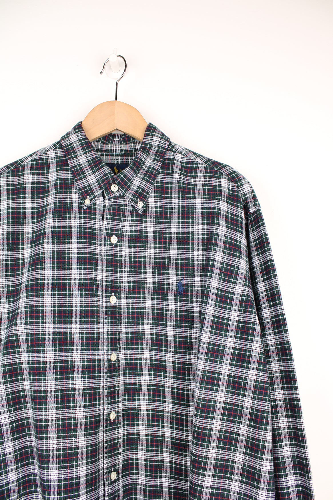 Ralph Lauren green, white and blue plaid button up shirt with embroidered logo on the chest