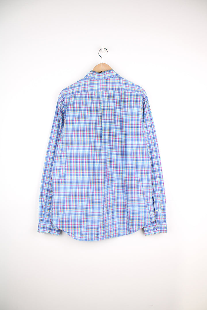 Ralph Lauren blue, yellow and white plaid, slim fit button up cotton shirt with signature embroidered logo on the chest