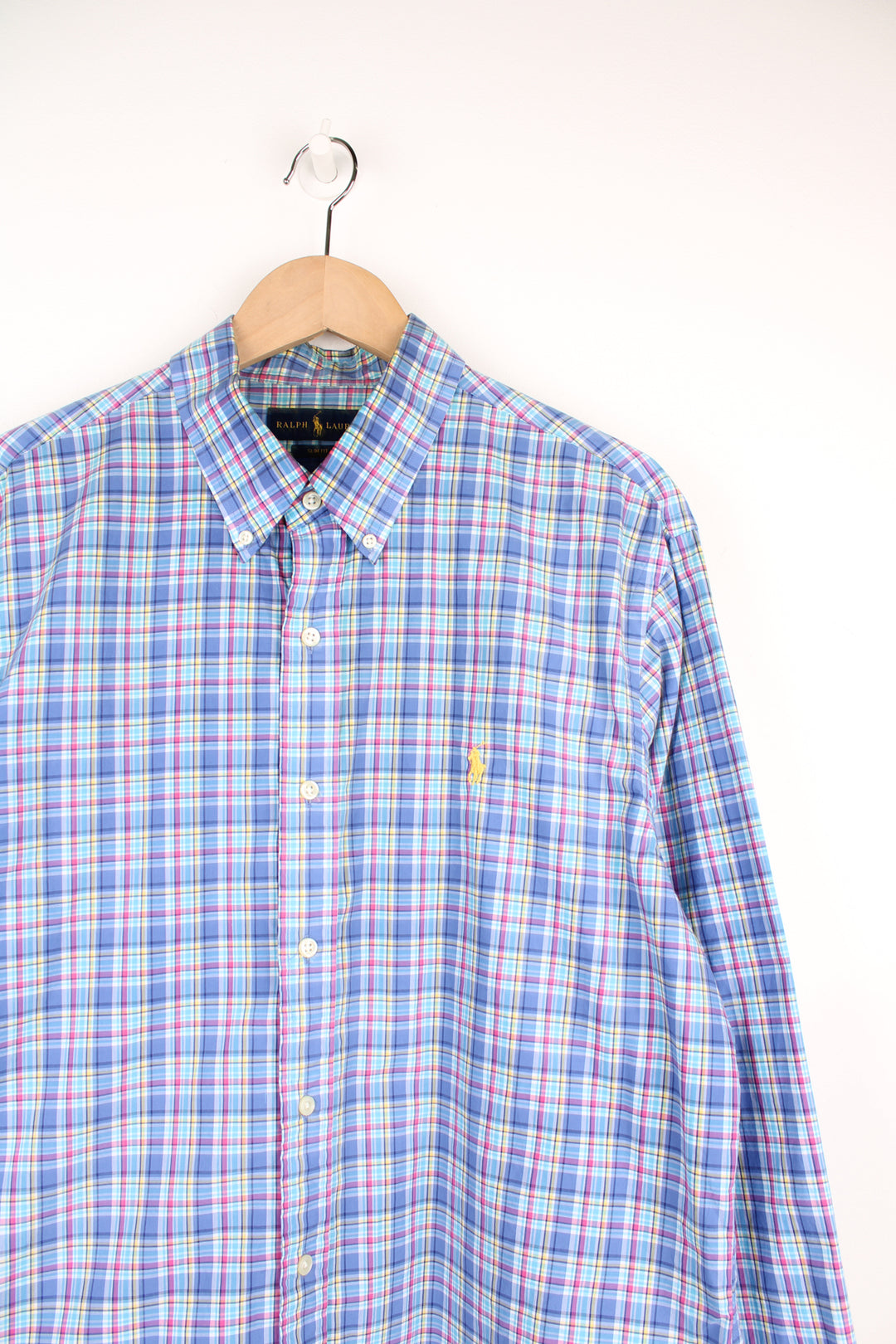 Ralph Lauren blue, yellow and white plaid, slim fit button up cotton shirt with signature embroidered logo on the chest