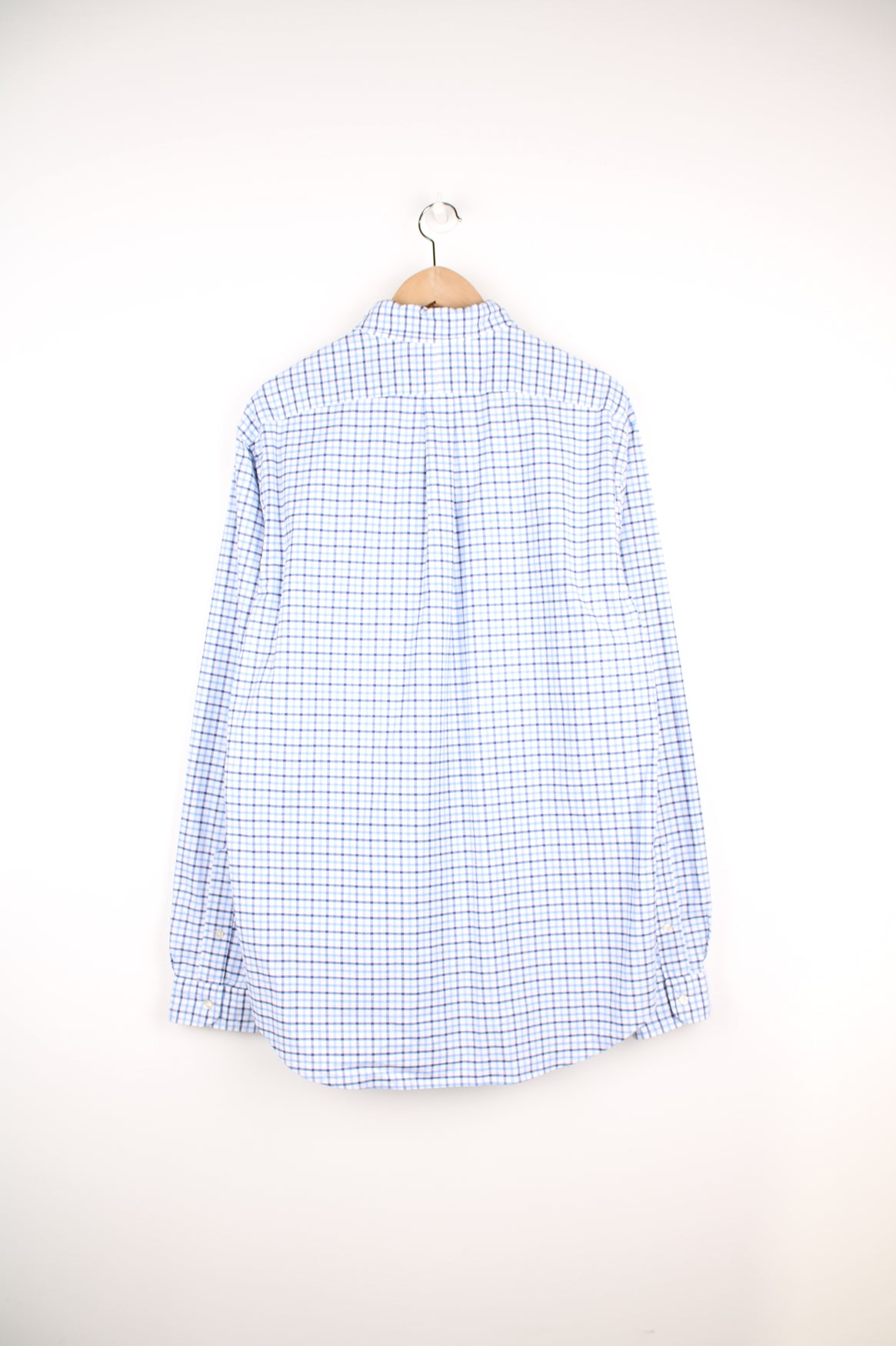 Ralph Lauren blue and white gingham, slim fit button up cotton shirt with signature embroidered logo on the chest