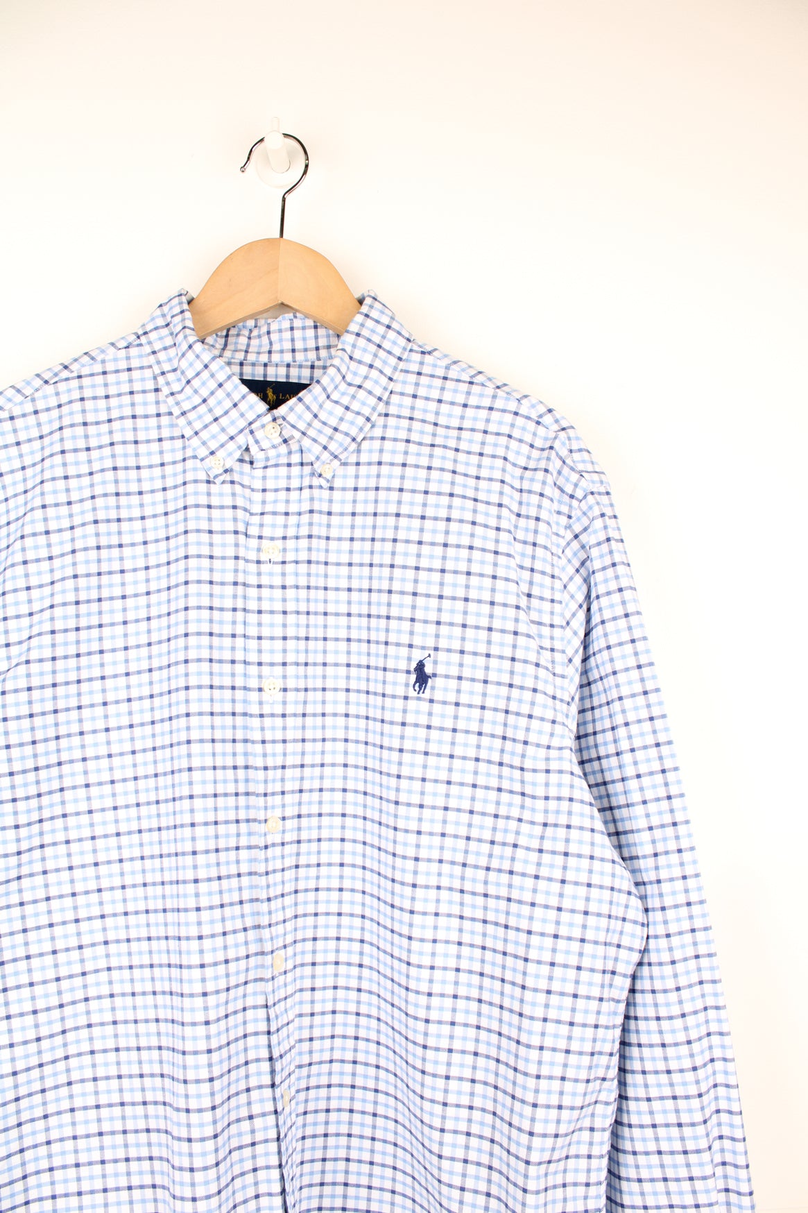 Ralph Lauren blue and white gingham, slim fit button up cotton shirt with signature embroidered logo on the chest