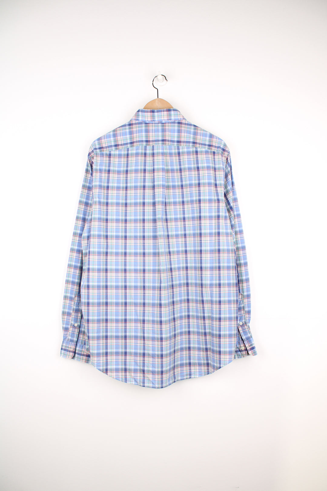 Ralph Lauren blue plaid button up cotton shirt with signature embroidered logo on the chest