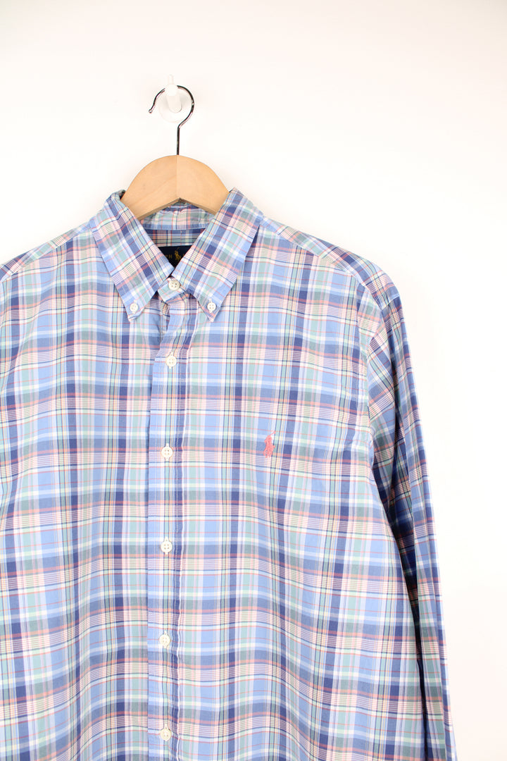 Ralph Lauren blue plaid button up cotton shirt with signature embroidered logo on the chest