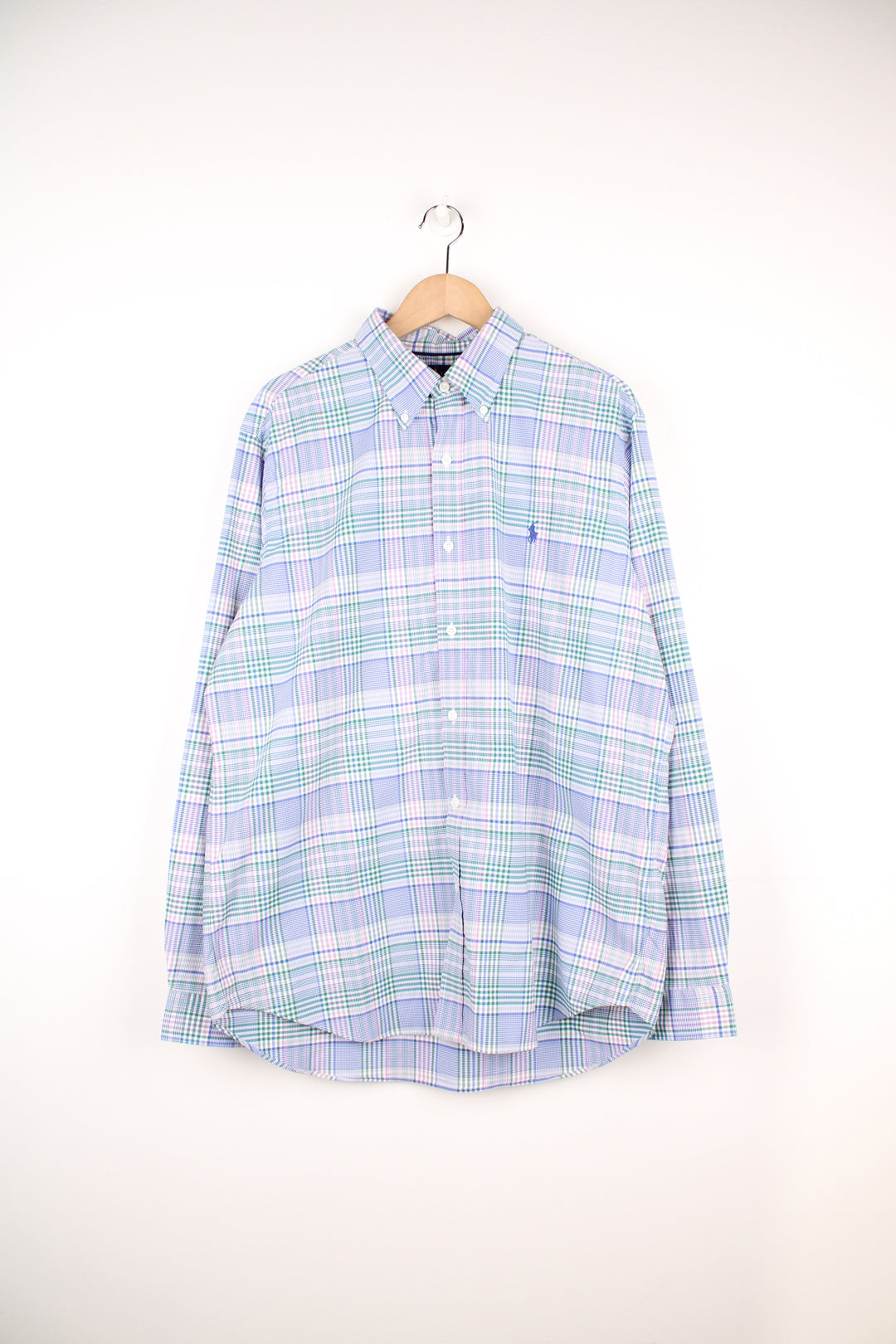 Ralph Lauren blue, green and white plaid, button up cotton shirt with signature embroidered logo on the chest