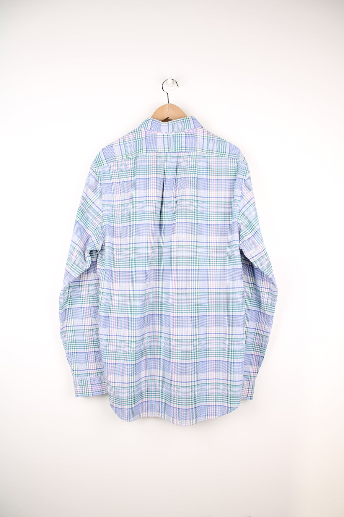 Ralph Lauren blue, green and white plaid, button up cotton shirt with signature embroidered logo on the chest