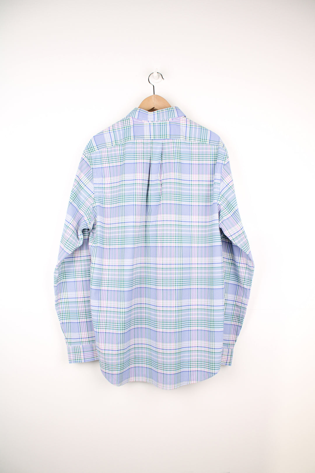 Ralph Lauren blue, green and white plaid, button up cotton shirt with signature embroidered logo on the chest