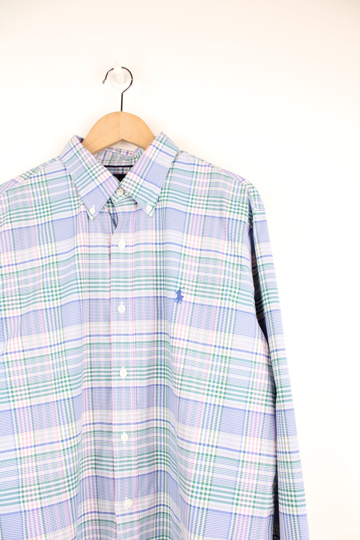 Ralph Lauren blue, green and white plaid, button up cotton shirt with signature embroidered logo on the chest