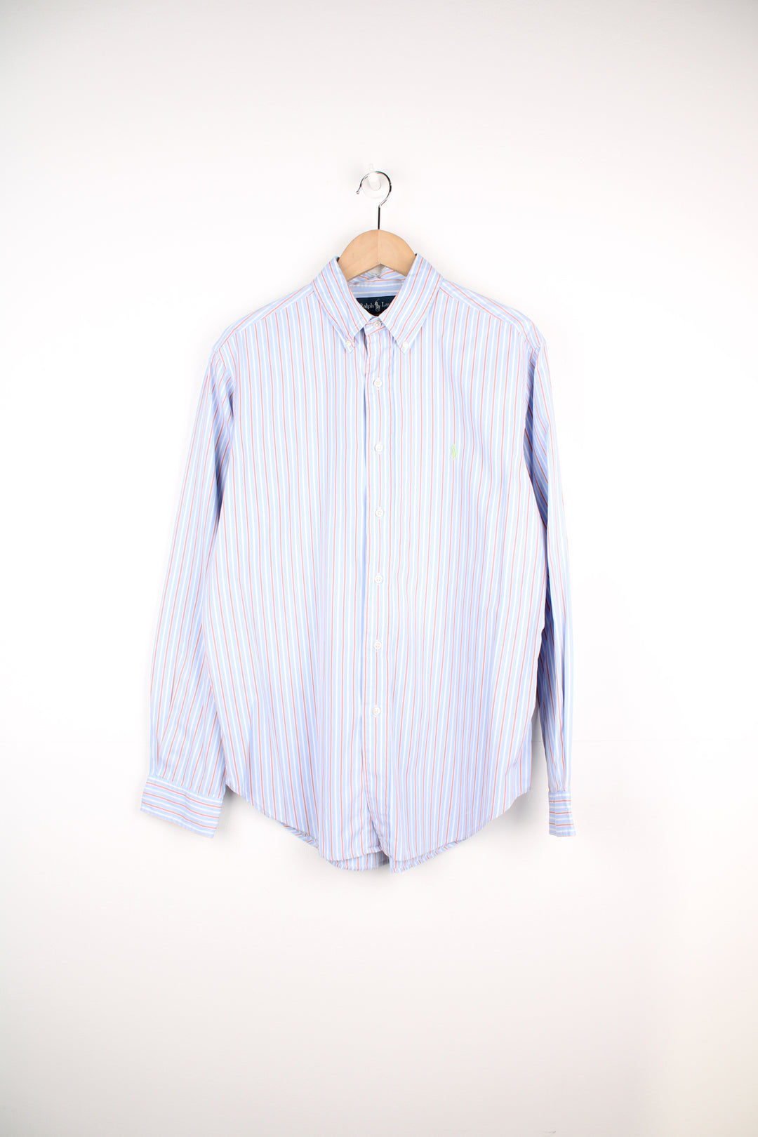 Ralph Lauren blue and peach striped button up cotton shirt with signature embroidered logo on the chest