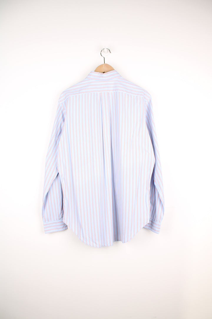 Ralph Lauren blue and peach striped button up cotton shirt with signature embroidered logo on the chest