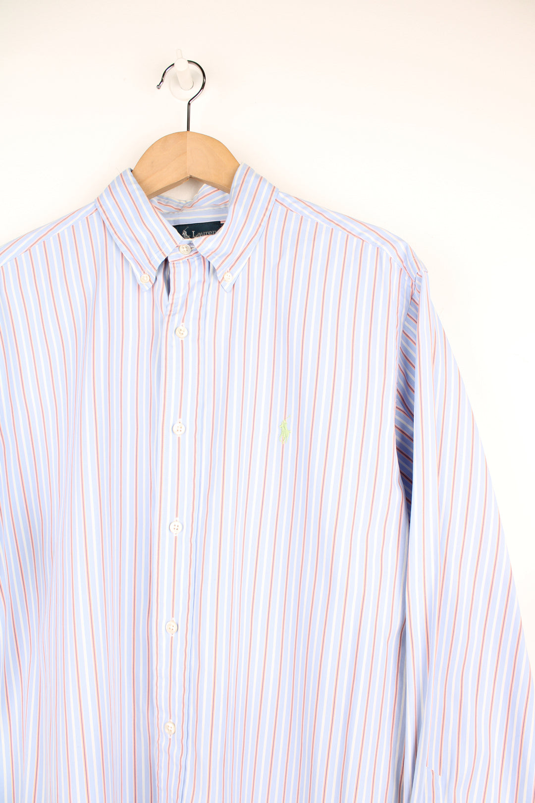 Ralph Lauren blue and peach striped button up cotton shirt with signature embroidered logo on the chest